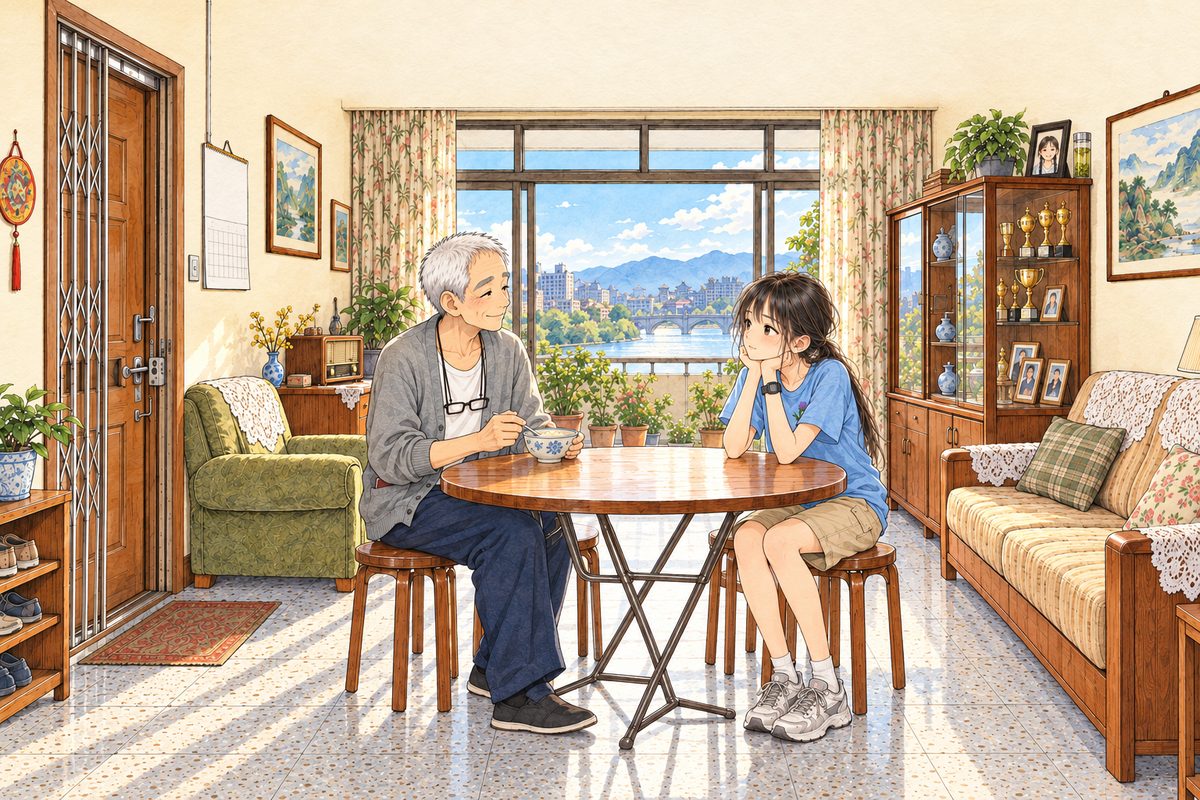 Monday morning, eight o'clock, bright summer sun through the balcony doors. Grandpa sits at the round folding table on the LEFT with a bowl of rice porridge, his glasses on their cord at his chest. Xiaoyu sits across from him on the RIGHT side of the table. On top of the glass cabinet on the RIGHT, Grandma Meilan's small black-framed photo faces the room, with the morning's first tall glass of green tea beside it. No Lantern on the table. Two faces in the middle band. The cream wall above is the quiet area.