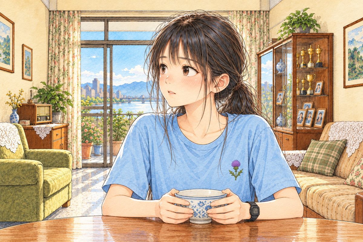 Bright morning light. Xiaoyu looks LEFT at Grandpa off panel, careful and gentle, her hands round her bowl. Her black watch on her LEFT wrist. Her face in the middle of the panel. The bowl and her t-shirt below are the quiet area.
