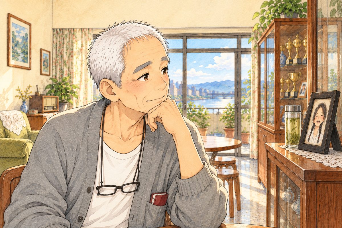 Bright morning light. Grandpa has turned his head to the RIGHT and looks across the room at the photo and the glass of tea on the cabinet, which we see small and soft at the right edge. He says nothing; his face is very still, remembering. His face in three-quarter in the middle of the panel. His cardigan below is quiet.