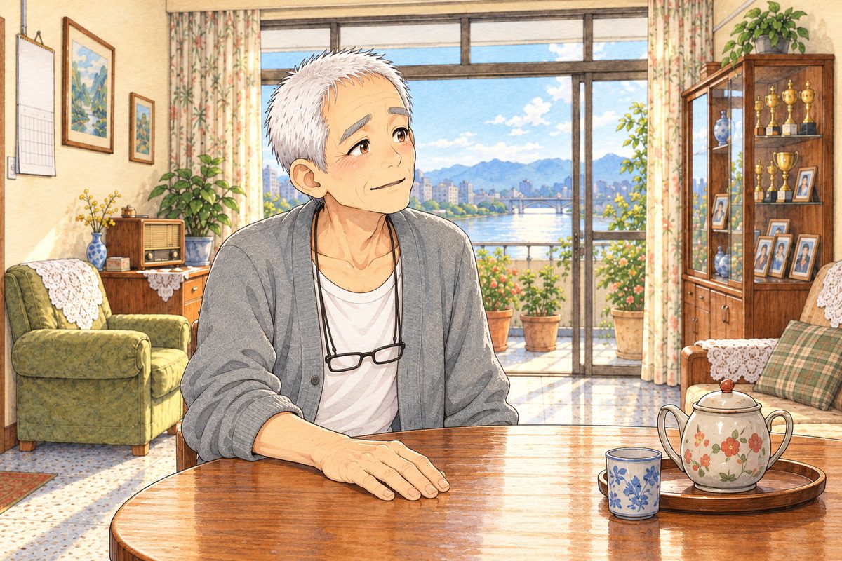 Bright morning. Grandpa has turned back and looks RIGHT at Xiaoyu off panel, his eyes clear and wet, his big hand flat on the table. His face in the middle band. The cream wall above is the quiet area.