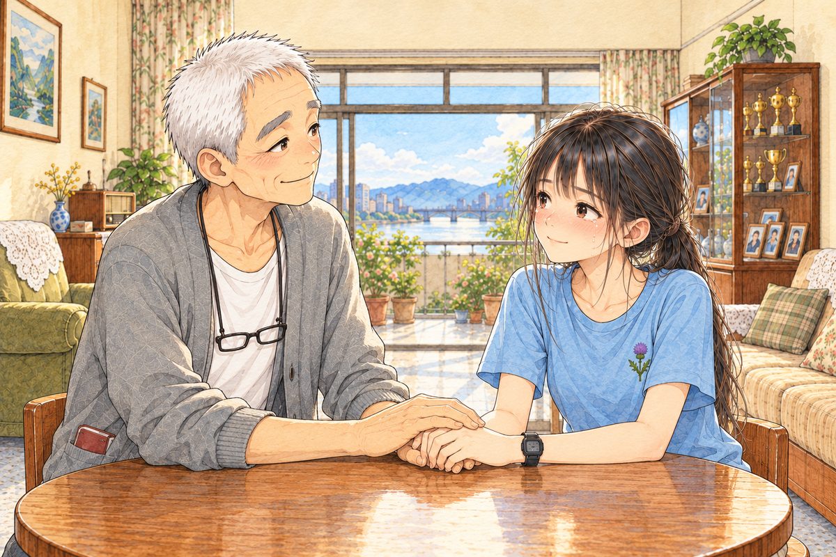 Bright morning. Grandpa on the LEFT pats the back of Xiaoyu's hand on the table with his own big hand. Xiaoyu on the RIGHT holds on to his fingers and nods, her eyes wet, a small smile. Two faces in the middle band. The sunny wall above is the quiet area.