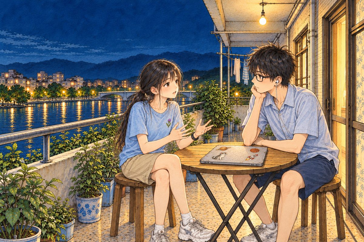 Monday night, ten o'clock, the warm bare bulb, the river lights. Xiaoyu on the LEFT sits on her stool turned towards Haoran, leaning forward, earnest and sure. Haoran on the RIGHT has turned away from the closed laptop to listen to her. Two faces in the middle band. The dark sky above is the quiet area.