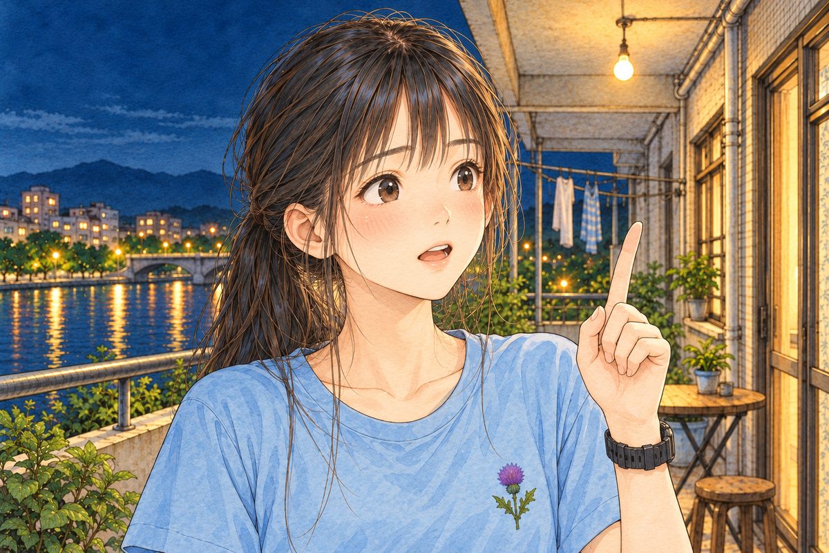 Night, the bulb above. Xiaoyu looks RIGHT at Haoran off panel, eager now, one finger raised. Her face in the middle of the panel. Her t-shirt below is the quiet area.