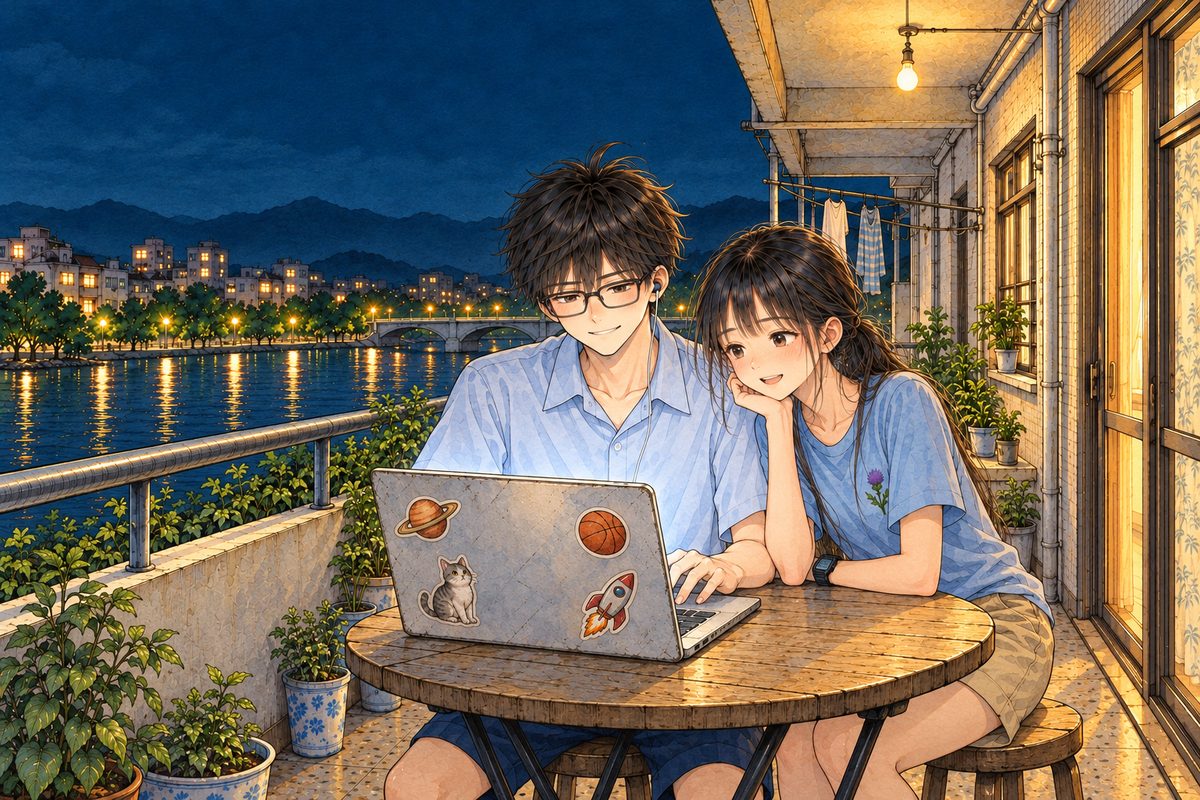 Night, the bulb above. Haoran on the LEFT has opened the laptop again and types fast with both hands, its back half to us and its glow on their faces; Xiaoyu on the RIGHT leans in beside him, smiling. Two faces in the lower middle of the panel. The dark sky above is the quiet area for the box.