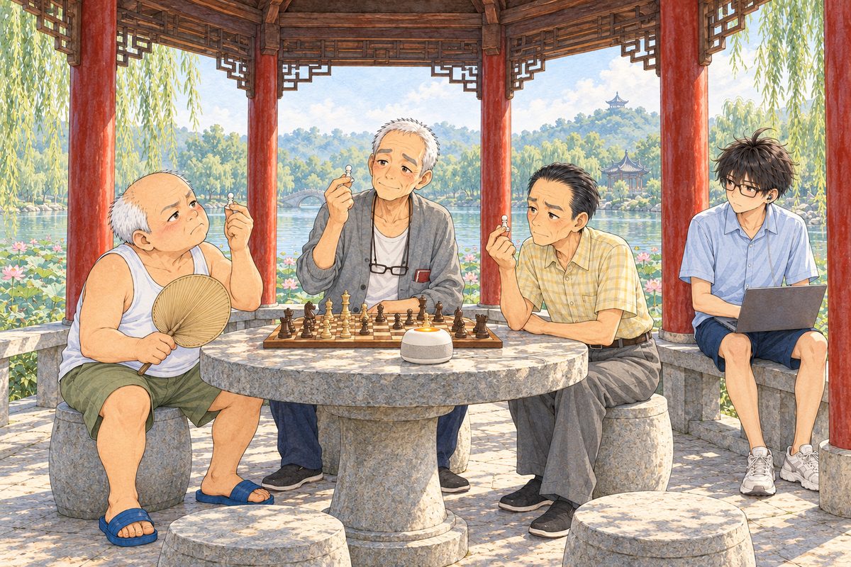Tuesday morning, nine o'clock, hazy light. Round the stone table: Uncle Wu on the LEFT, Grandpa at the far side in the middle and Mr Sun on the RIGHT each hold up one white pawn between finger and thumb, thinking hard, serious now. The Lantern speaker glows again in the middle. Haoran sits on the bench at the far RIGHT by the red pillar, the laptop on his knees, watching them. Four faces in the middle band. The roof beams above are the quiet area.