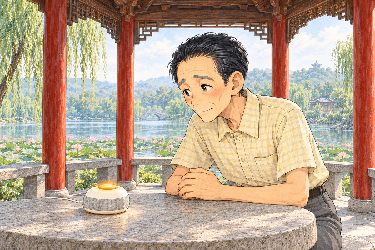 Wednesday morning, nine o'clock, hazy light. Mr Sun on the RIGHT side of the table leans towards the little glowing Lantern speaker at the LEFT edge, his hands folded on the stone, asking quietly, hopeful and a little afraid. His face in the middle band, on the right. The roof beams above are the quiet area.