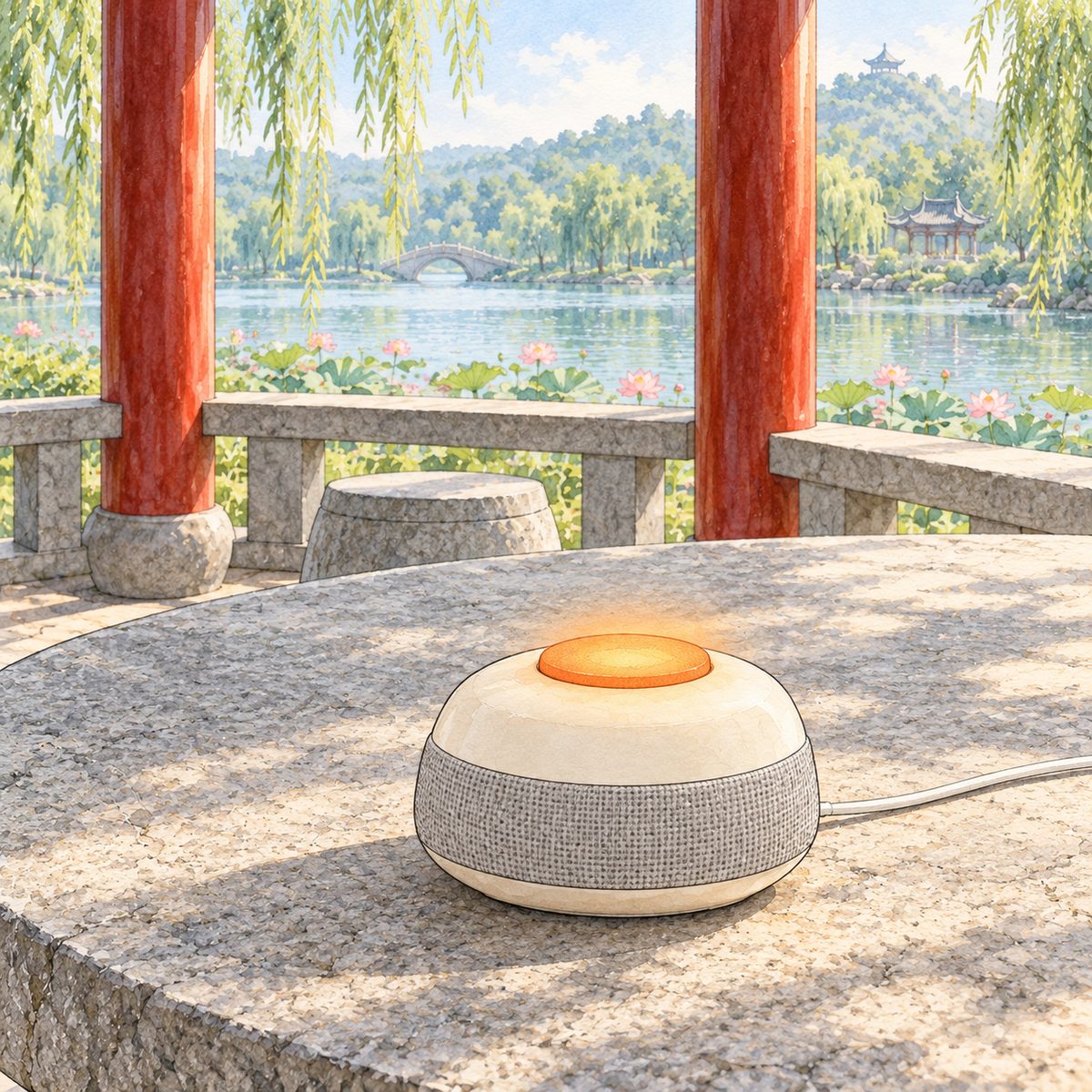 Hazy morning light. The small cream-white Lantern speaker on the stone table, its orange button glowing warm. No faces. The stone around is quiet.
