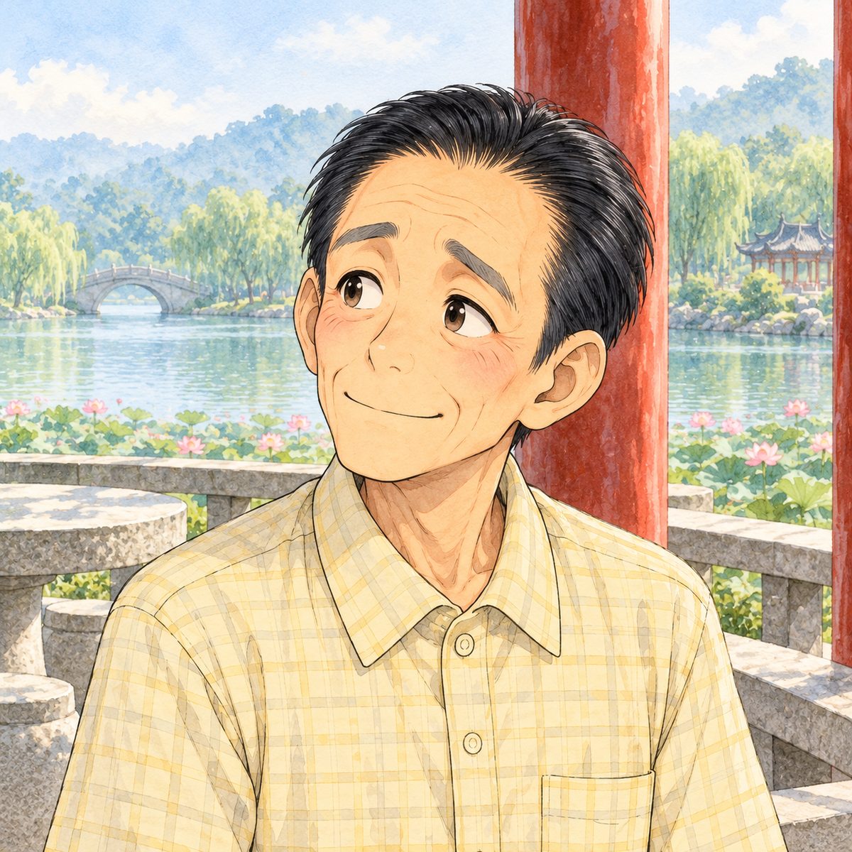 Hazy morning light. Mr Sun looks LEFT at the speaker off panel and gives a small, shy, surprised smile, nodding. His face in the middle of the panel. His pale yellow shirt below is the quiet area.