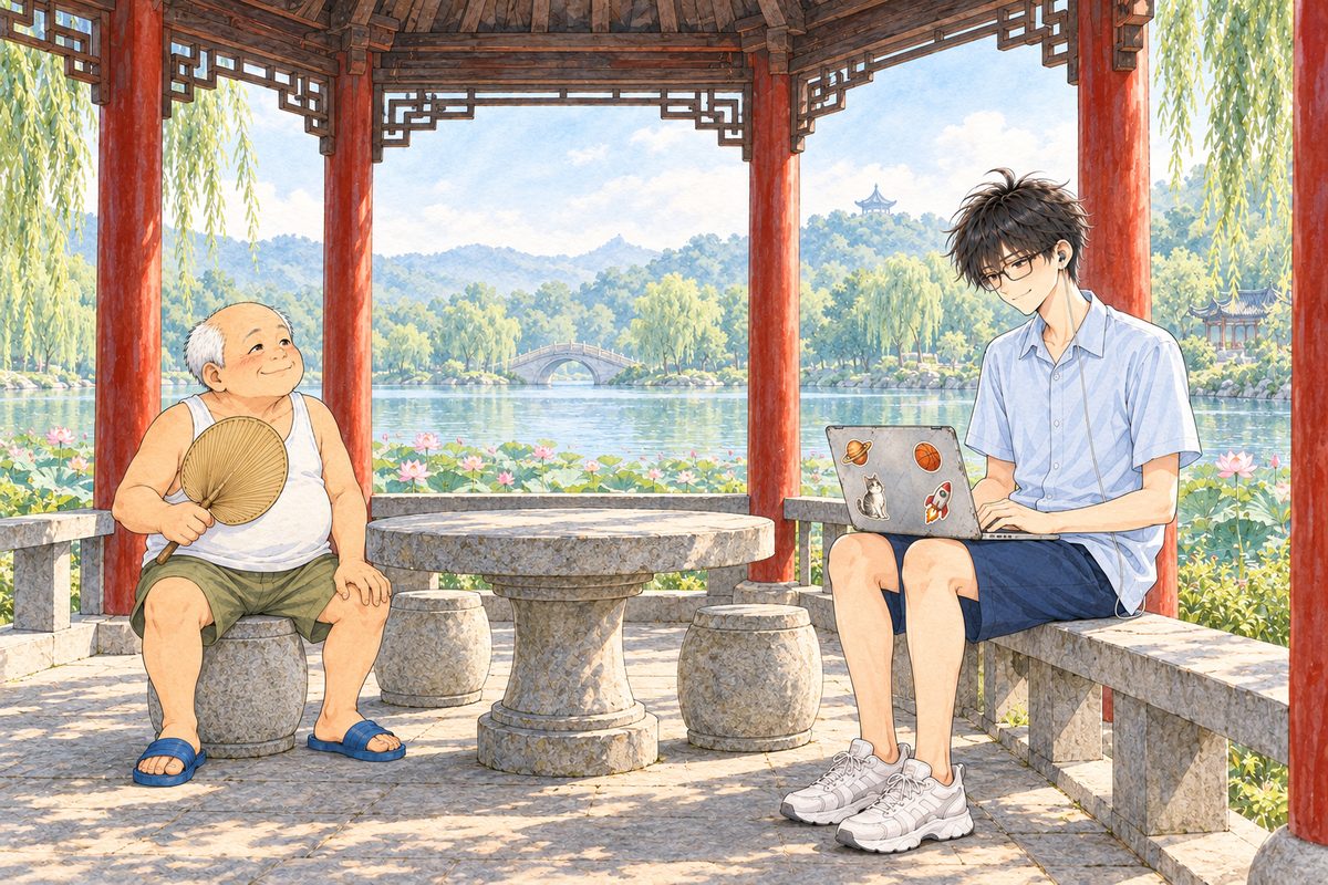 Hazy morning. Haoran sits on the stone bench by the red pillar on the RIGHT with the laptop on his knees, side-on, looking LEFT at the table, quietly pleased. At the LEFT edge, Uncle Wu on his stool fans himself. Two faces in the lower middle of the panel. The red pillar and the roof beams above are the quiet area for the box.