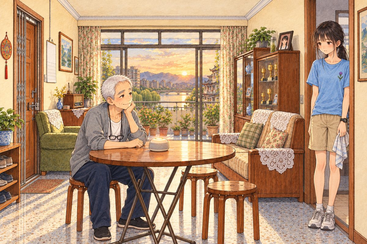 Thursday evening, half past six, low gold light through the balcony doors. Grandpa sits at the round folding table on the LEFT, the Lantern speaker glowing in front of him. Behind him on the RIGHT, on the glass cabinet, Grandma Meilan's photo with the morning's glass of tea still beside it. At the far RIGHT, Xiaoyu stands still in the kitchen doorway, a tea towel in her LEFT hand, listening. Two faces in the middle band. The cream wall above is the quiet area.