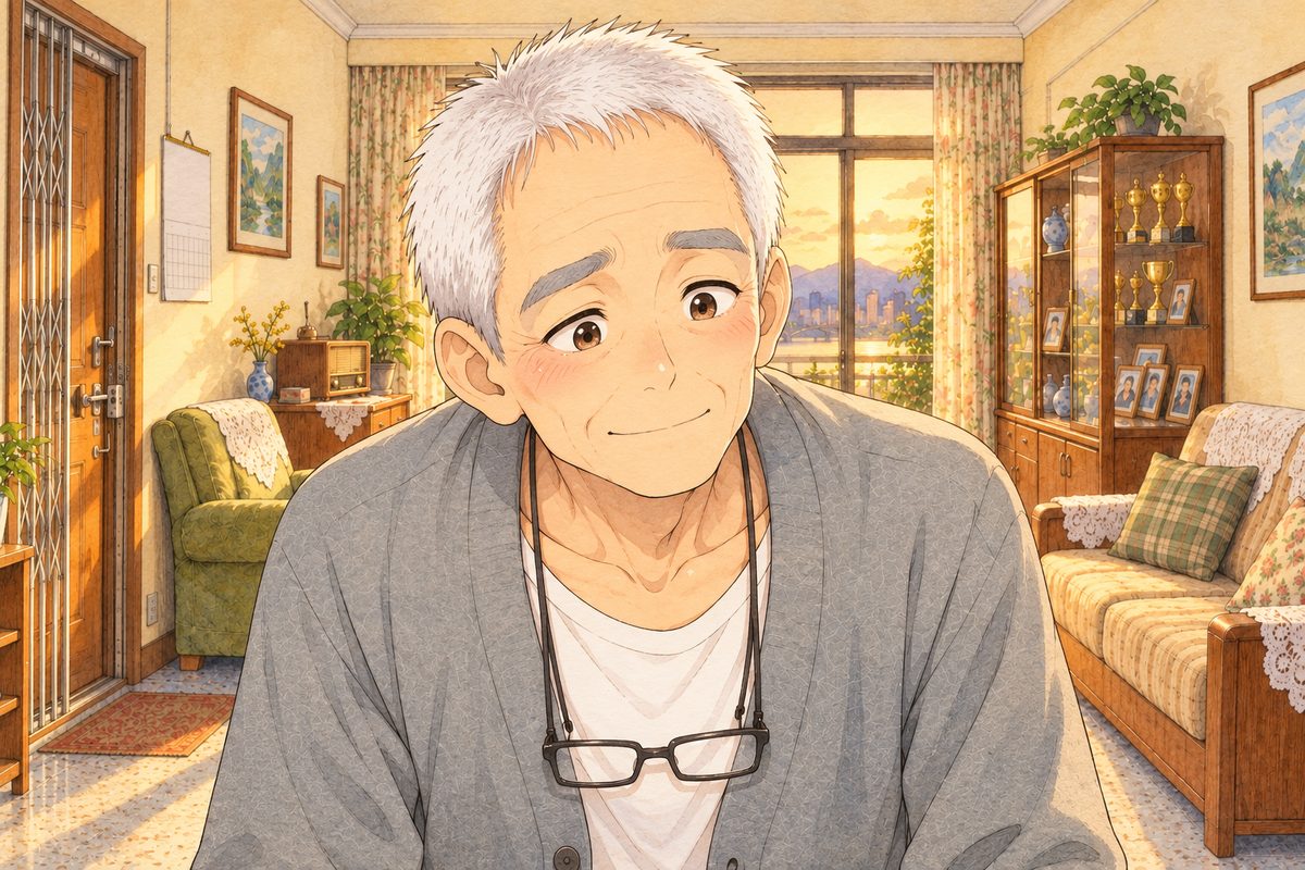 Evening gold light. Grandpa leans towards the speaker off panel below, hopeful, gentle, as before. His glasses on their cord at his chest. His face in the middle of the panel. His cardigan below is the quiet area.