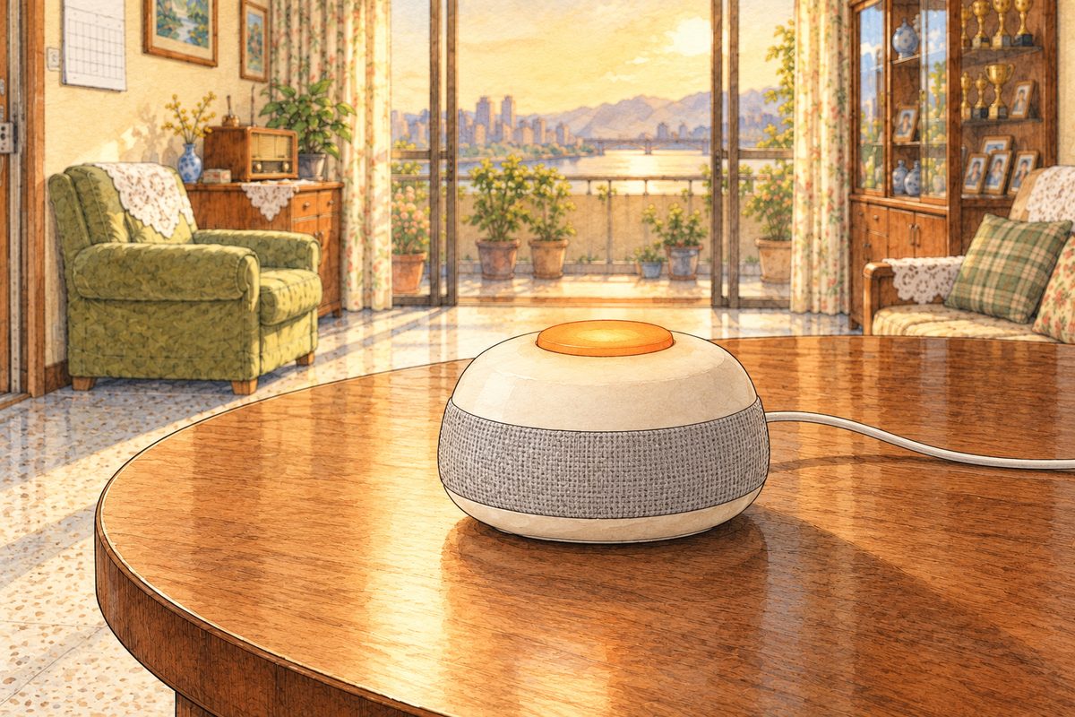 Evening gold light. The small cream-white Lantern speaker on the round table, its orange button glowing softly. No faces. The table around is quiet.
