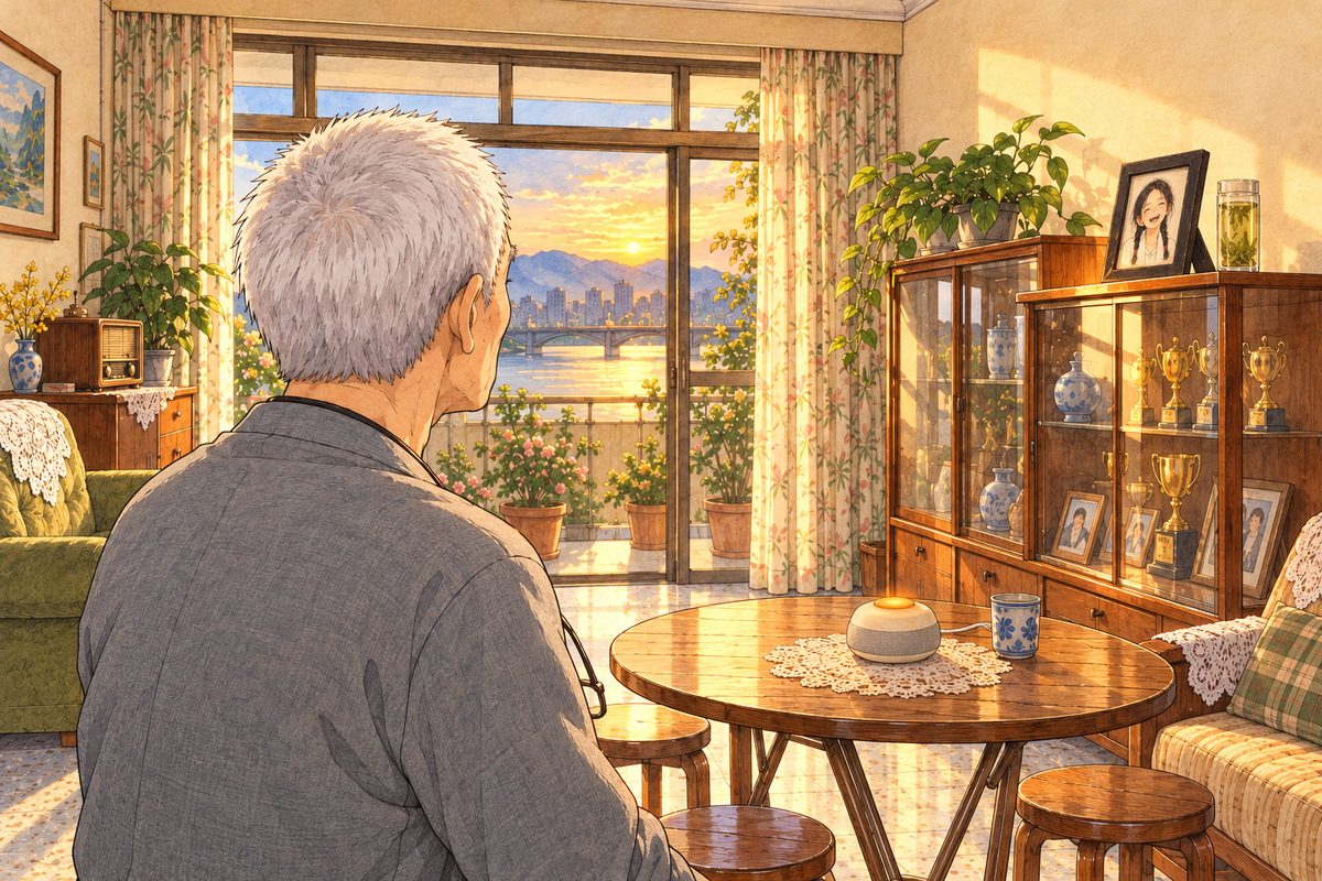 Evening gold light. From just behind Grandpa's LEFT shoulder: the back of his white head and his grey cardigan on the LEFT; across the room on the RIGHT, on top of the glass cabinet, the small black-framed photo of young Meilan with her two braids, and the tall glass of green tea beside it, lit by the low sun. He is looking at them. The Lantern speaker glows on the table below. The cream wall above is the quiet area.