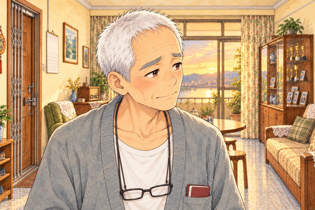 Evening gold light. Grandpa has turned back from the photo; his eyes are wet but his face is calm, a sad, small nod. His face in the middle of the panel. His cardigan below is the quiet area.