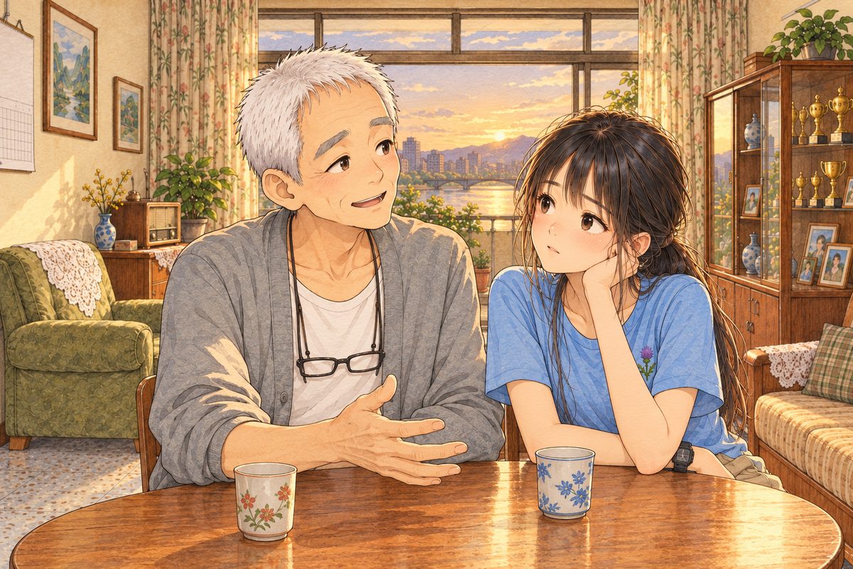 Evening, the gold light going. Xiaoyu has sat down close beside Grandpa at the round table, her head near his shoulder, listening; Grandpa talks to her with one hand open over the table, as if setting out a chessboard, remembering. Two faces in the middle of the panel. The dim wall above is the quiet area.
