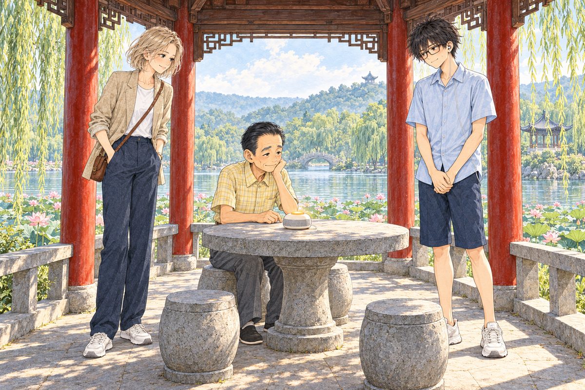 Saturday morning, nine o'clock, bright hazy sun on the lake. Ms Hart, tall, with jaw-length ash-blonde hair and a sand-coloured linen jacket, stands on the LEFT just inside the pavilion steps, watching with her head on one side. Mr Sun sits at the stone table in the middle, the glowing Lantern speaker in front of him. Haoran stands on the RIGHT by a red pillar, nervous, his hands clasped in front of him. Three faces in the middle band. The roof beams above are the quiet area.