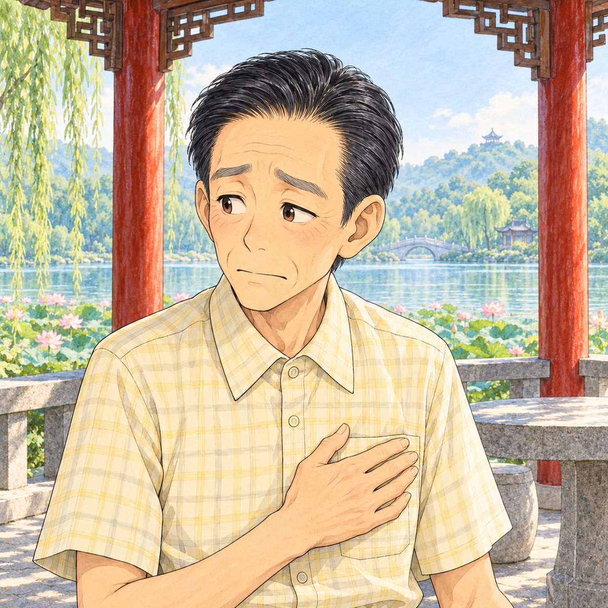 Bright morning light. Mr Sun looks LEFT and down at the speaker off panel, worried, one hand pressed flat on his chest pocket. His face in the middle of the panel. His pale yellow shirt below is the quiet area.
