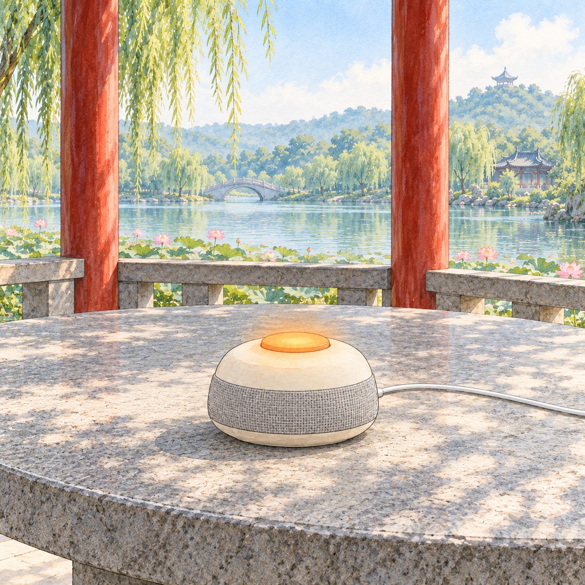 Bright morning light. The small cream-white Lantern speaker on the stone table, its orange button glowing steady. No faces. The stone around is quiet.