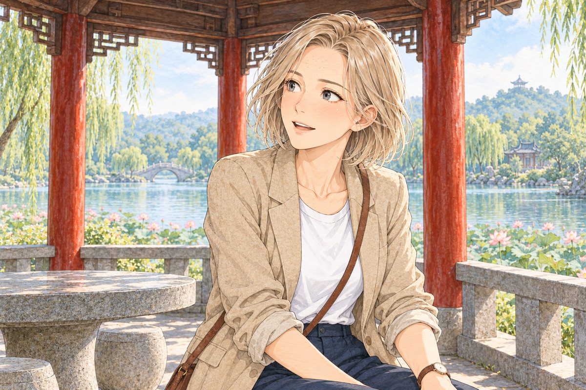 Bright morning. Ms Hart looks LEFT at Haoran off panel, surprised and impressed, a slow smile. Her watch on her LEFT wrist. Her face in the middle band. The roof beams above are the quiet area.