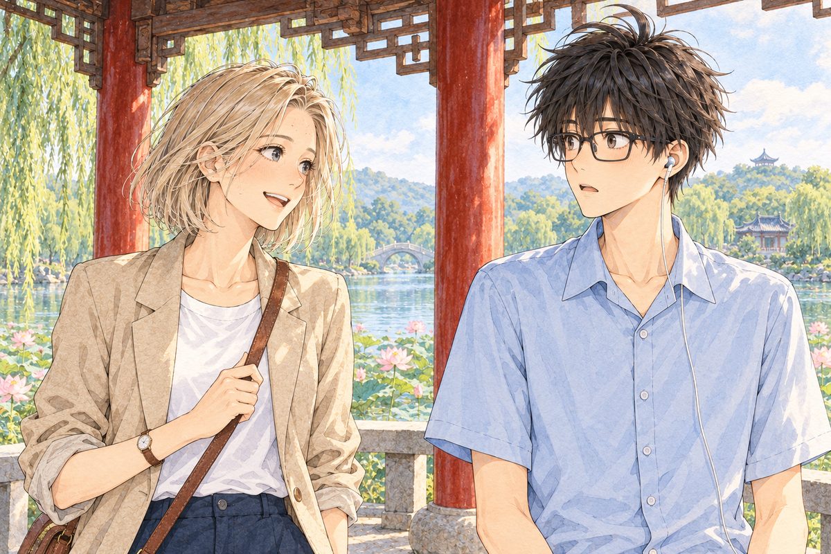 Bright morning. Ms Hart on the LEFT faces Haoran, warm and direct, one hand resting on the strap of her leather bag. Haoran on the RIGHT stares at her, stunned, his mouth a little open. A red pillar between them at the back, the bright lake behind. Two faces in the middle band. The roof beams above are the quiet area.