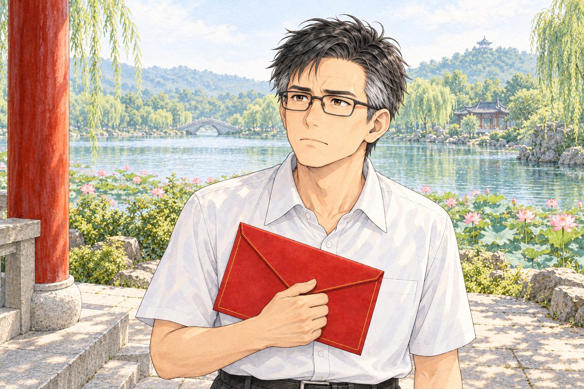 Bright morning. Haoran's father, in his white short-sleeved shirt, stands very still at the bottom of the two pavilion steps, holding a big red envelope against his chest in his RIGHT hand. He looks up and LEFT into the pavilion, his face closed and hurt. The bright lake path behind him. His face in the middle of the panel. His shirt and the red envelope below are the quiet area.