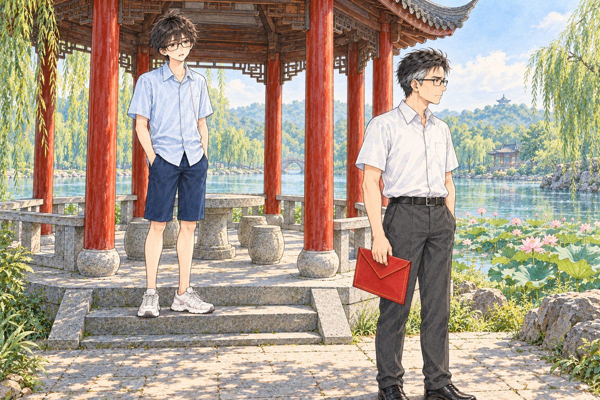 Bright morning. Haoran on the LEFT has turned round at the top of the steps and sees his father, his face falling. His father on the RIGHT, below the steps, holds the red envelope at his side in his RIGHT hand and does not look at his son; he looks away towards the lake. Two faces in the middle band. The roof's upturned corner and the sky above are the quiet area.