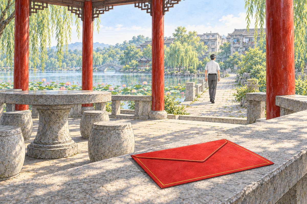Bright morning. In the foreground, the big red envelope lies alone on the grey stone bench just inside the pavilion steps. Beyond the red pillars, on the bright lake path, Haoran's father walks away from us towards the blocks of flats, small, his back straight, his hands empty. His face is turned away, unseen. The hazy sky above is the quiet area.