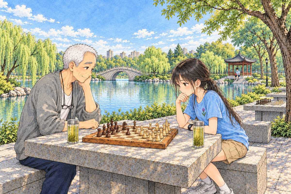 The same day, three o'clock, dappled light under the willows, the lake bright. Grandpa on the LEFT and Xiaoyu on the RIGHT sit at the square stone table playing chess, each with their own pieces nearest them, a tall glass of tea by each. Far off across the water on the RIGHT, small, Haoran sits alone on the steps of the red pavilion with the red envelope on his knees, his face too small to see. Two faces in the middle band. The willows and the bright sky above are the quiet area.