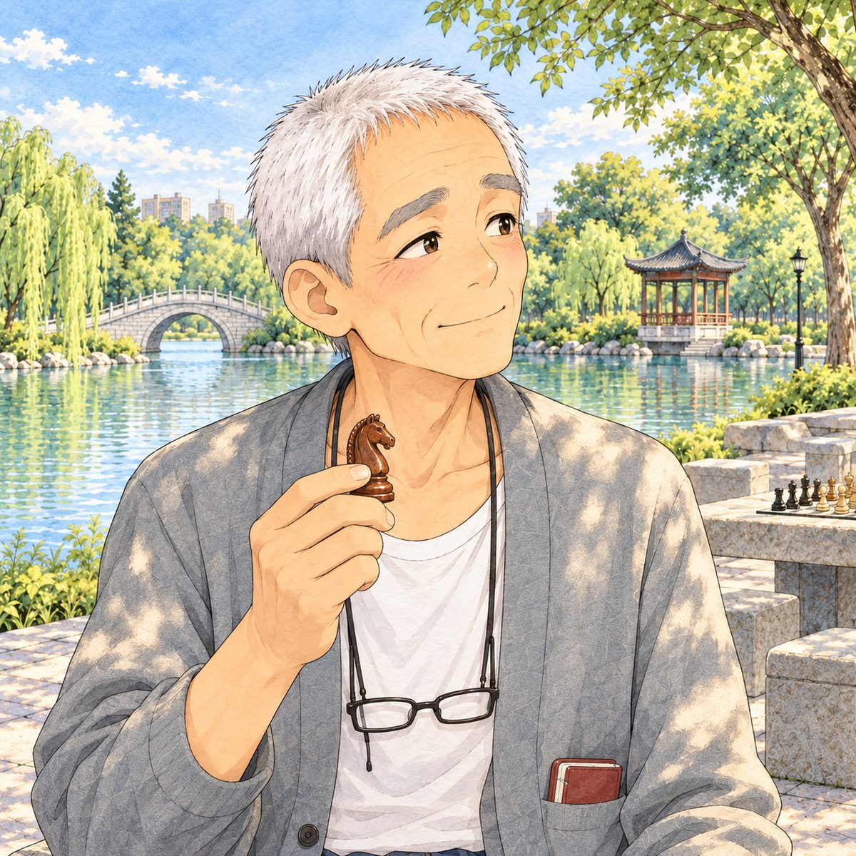 Dappled afternoon light. Grandpa looks RIGHT, past Xiaoyu, across the lake towards the far pavilion, a knight held in his RIGHT hand, thoughtful and kind. His glasses on their cord at his chest. His face in the middle of the panel. His cardigan below is the quiet area.