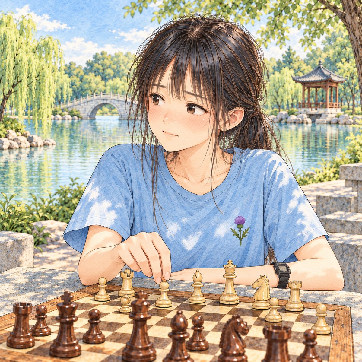 Dappled afternoon light. Xiaoyu looks LEFT at Grandpa off panel, a small sad smile, her fingers on a pawn. Her black watch on her LEFT wrist. Her face in the middle of the panel. Her t-shirt below is the quiet area.