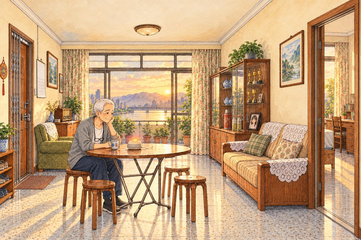 Sunday evening, the next day, low gold light through the balcony doors. The living room is quiet; Xiaoyu's room door on the RIGHT stands open and empty. Grandpa sits alone at the round folding table on the LEFT, talking to the little Lantern speaker, whose orange button glows; he is smiling a little. On the glass cabinet, Grandma's photo and the morning's tea. His face small in three-quarter in the middle band. The cream wall above is the quiet area.