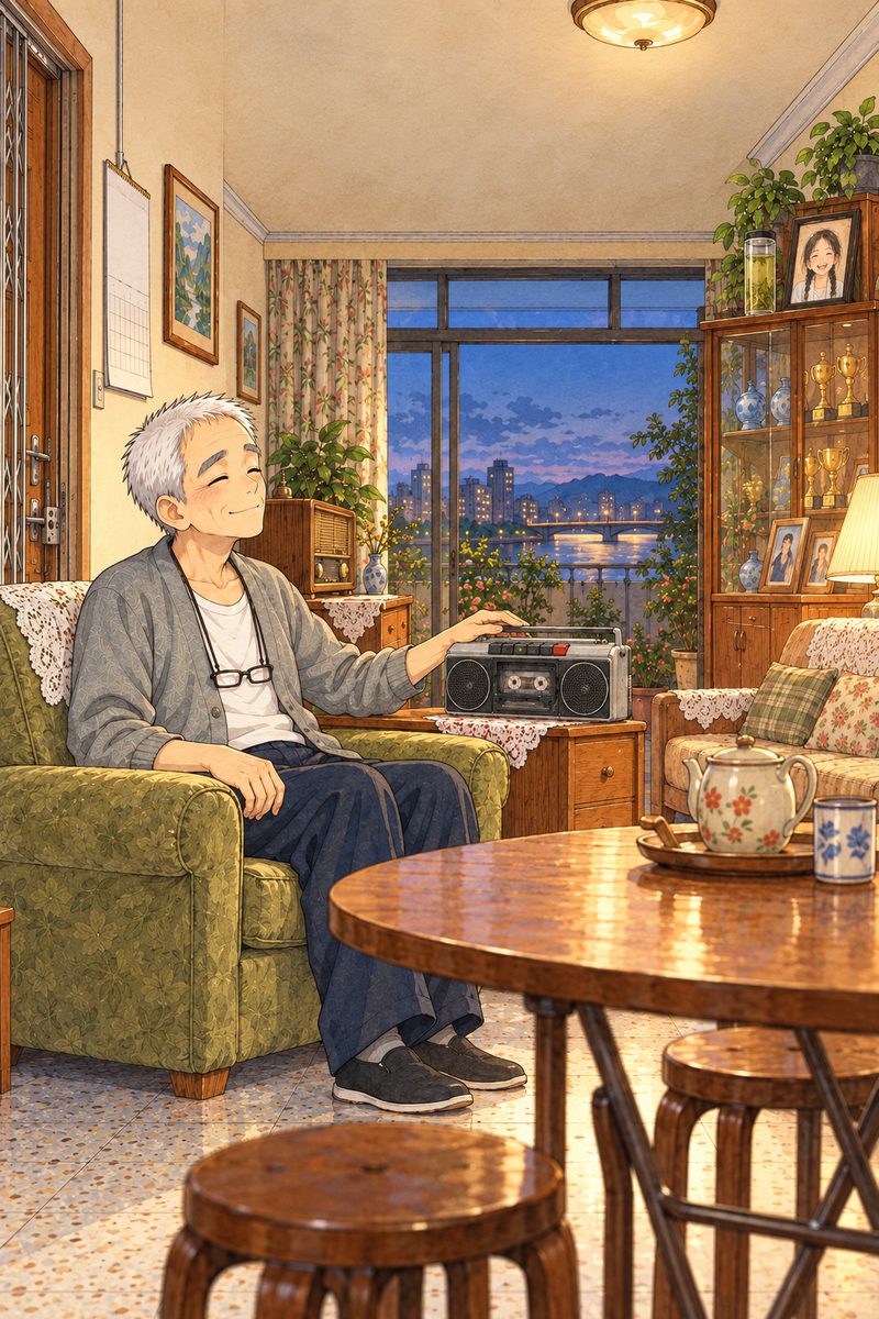Dusk, a quarter to seven in the evening, one warm lamp on, the balcony glass deep blue behind. Grandpa Chen in his grey cardigan sits in the olive armchair on the LEFT, eyes closed, his head tilted a little towards the silver tape player on the wooden side table beside him, a small smile, his RIGHT hand resting on top of the player. The player's cassette window shows two white reels. Behind him on the RIGHT, on top of the glass cabinet, the small black-framed photo of young Grandma Meilan faces the room, with a tall glass of green tea beside it. His face in three-quarter in the middle band. The dim wall above is the quiet area for the title. No music notes painted.