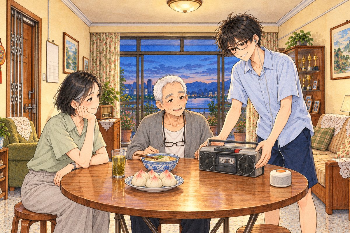 Evening, seven o'clock, dusk blue at the balcony glass doors, the lamp on. At the round folding table, Grandpa in his grey cardigan sits at the far side in the middle facing us, with a bowl of long-life noodles and a plate of peach buns in front of him; the small cream-white Lantern speaker stands dull and off at the table's RIGHT edge. Mama, in a pale sage-green blouse, sits on a stool at the LEFT in three-quarter view, looking RIGHT at him. Haoran stands at the RIGHT end of the table in his pale blue shirt, setting the silver tape player down in front of Grandpa with both hands, one on each end. Xiaoyu and Uncle Wu are just out of the picture. Three faces in the middle band. The ceiling above is the quiet area.