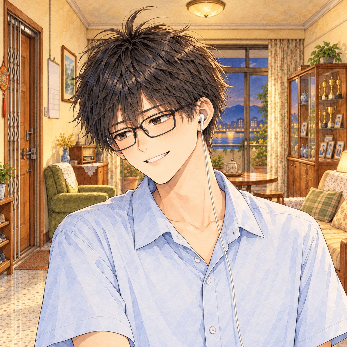 Evening lamplight. Haoran turns three-quarters towards the VIEWER'S LEFT, so we see his LEFT ear with the one white earbud in it, and looks down and LEFT at Grandpa off panel, a shy grin. His face in the middle of the panel. His shirt below is the quiet area.