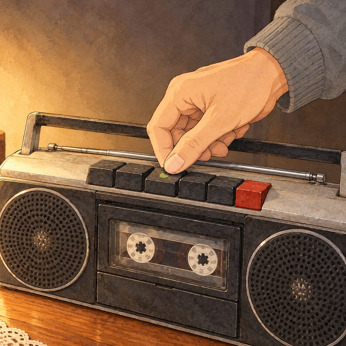 Evening lamplight. Close on the top edge of the silver tape player: Grandpa's RIGHT thumb presses down the long PLAY key, the one with a small worn green dot, beside five other long piano-key buttons; his grey cardigan cuff above the hand. A smooth simple manga hand, no veins, no wrinkles. The cassette window below shows two white reels, still. No face. The dark wall around is quiet.