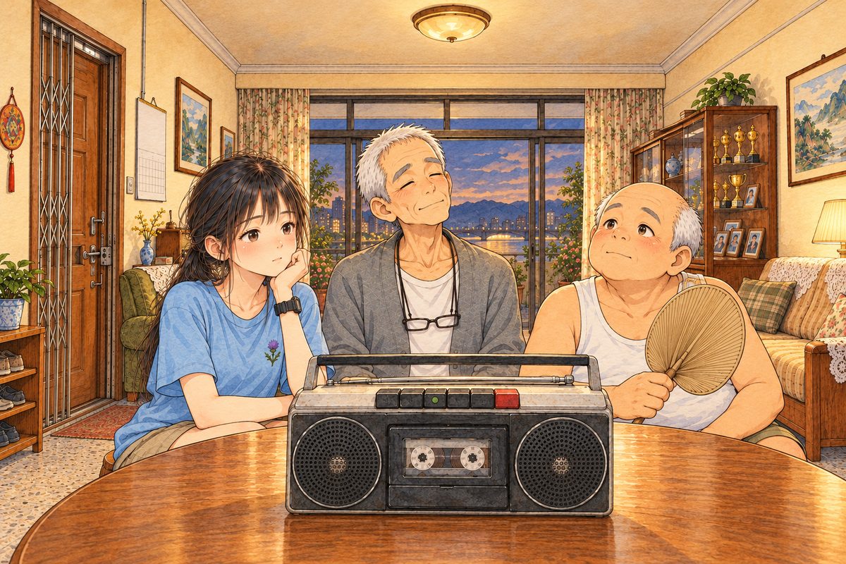 Evening lamplight. Low angle across the round table. The silver tape player stands in the middle of the table, nearest us, its two round speaker grilles facing us. Behind it, at the far side, Xiaoyu sits on the LEFT in her sky-blue t-shirt, Grandpa in the middle with his head tilted, eyes closing, and Uncle Wu on the RIGHT in his white vest, his palm-leaf fan stopped in the air in his RIGHT hand. All three are frozen, listening. Three faces in the middle band, the grilles below them. The ceiling above is the quiet area.