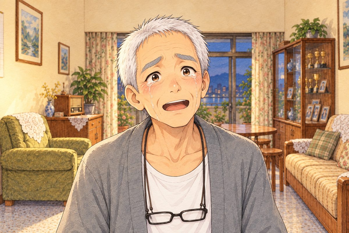 Evening lamplight from the LEFT. Grandpa faces us, his eyes wide, then crumpling with joy, tears running down his face, his mouth open on a name. His glasses on their cord at his chest. His face in the middle band. The cream wall above is the quiet area.