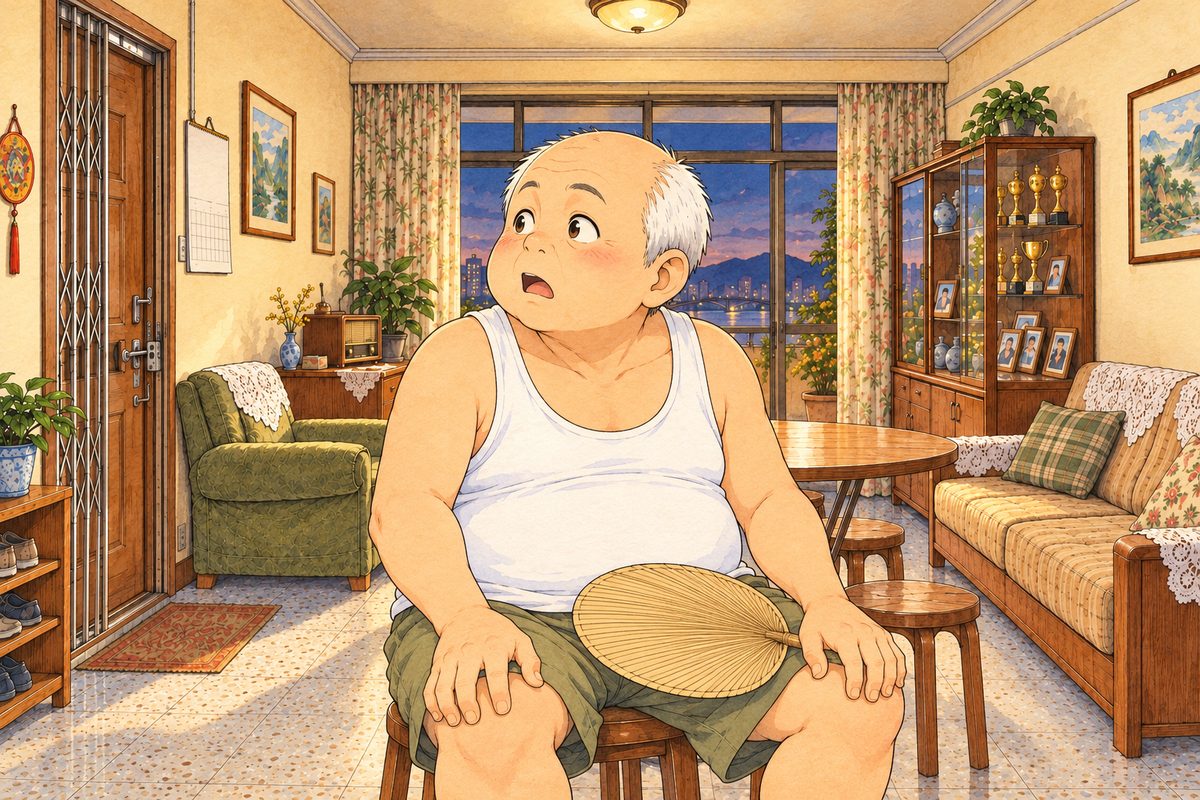 Evening lamplight. Uncle Wu looks LEFT at the tape player off panel, his mouth open, his palm-leaf fan dropped in his lap, both hands on his knees. His face in the middle of the panel. His white vest below is the quiet area.