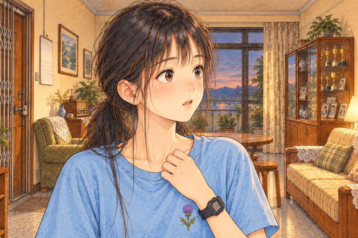 Evening lamplight. Xiaoyu looks RIGHT at the tape player off panel, stunned, her lips a little open. Her black watch on her LEFT wrist, her hand at her collar. Her face in the middle of the panel. Her t-shirt below is the quiet area.
