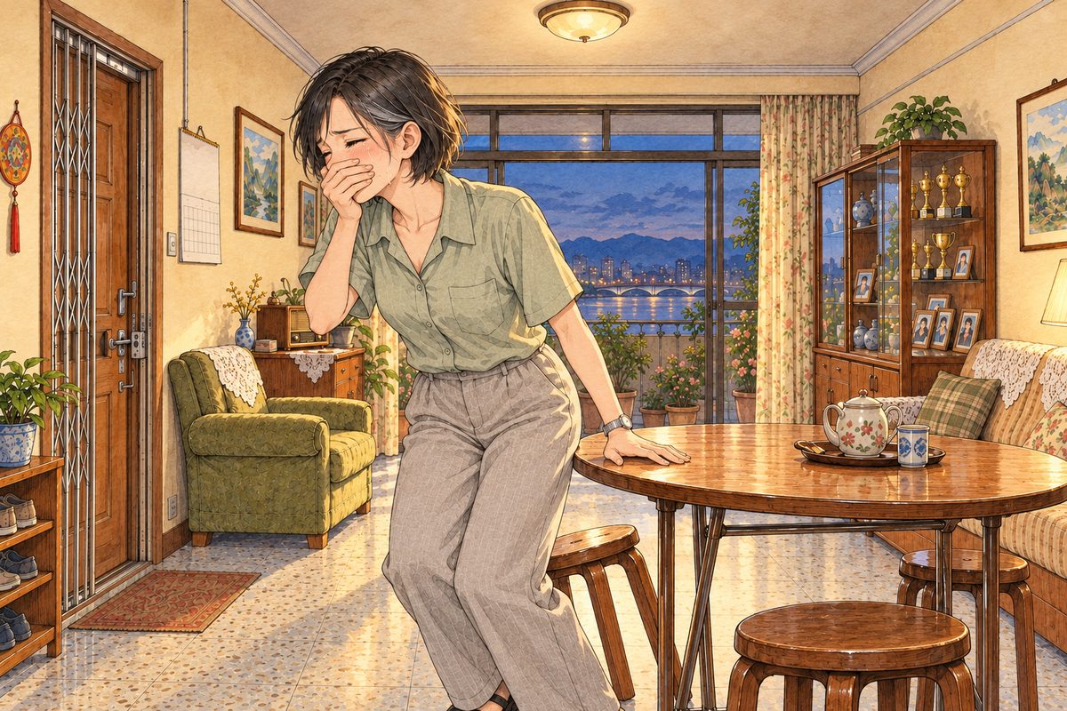 Evening lamplight. Mama's stool tips back as she half rises from the round table, one hand over her mouth, her other hand pushing off the table edge. She turns away towards the kitchen doorway on the LEFT of the picture, her face in three-quarter going out of the light, her eyes shut. One face. The cream ceiling above and the dim wall are the quiet area.