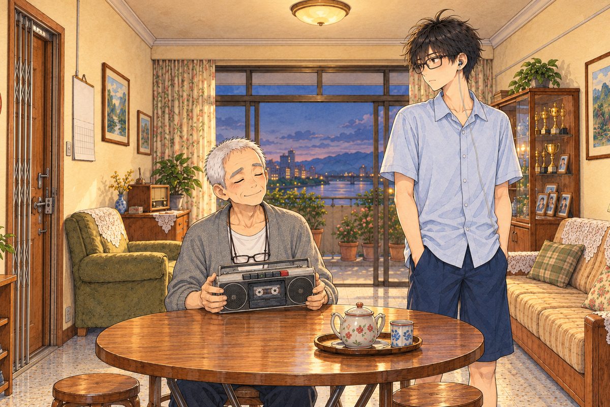 Evening lamplight. Haoran stands at the RIGHT end of the round table, his grin gone, looking LEFT towards the empty kitchen doorway, so we see his LEFT ear with the one white earbud in it. Seated beside him on his LEFT in the picture, Grandpa holds the tape player in both hands, rocking a little to the song, his eyes shut. Two faces in the middle band. The ceiling above is the quiet area.