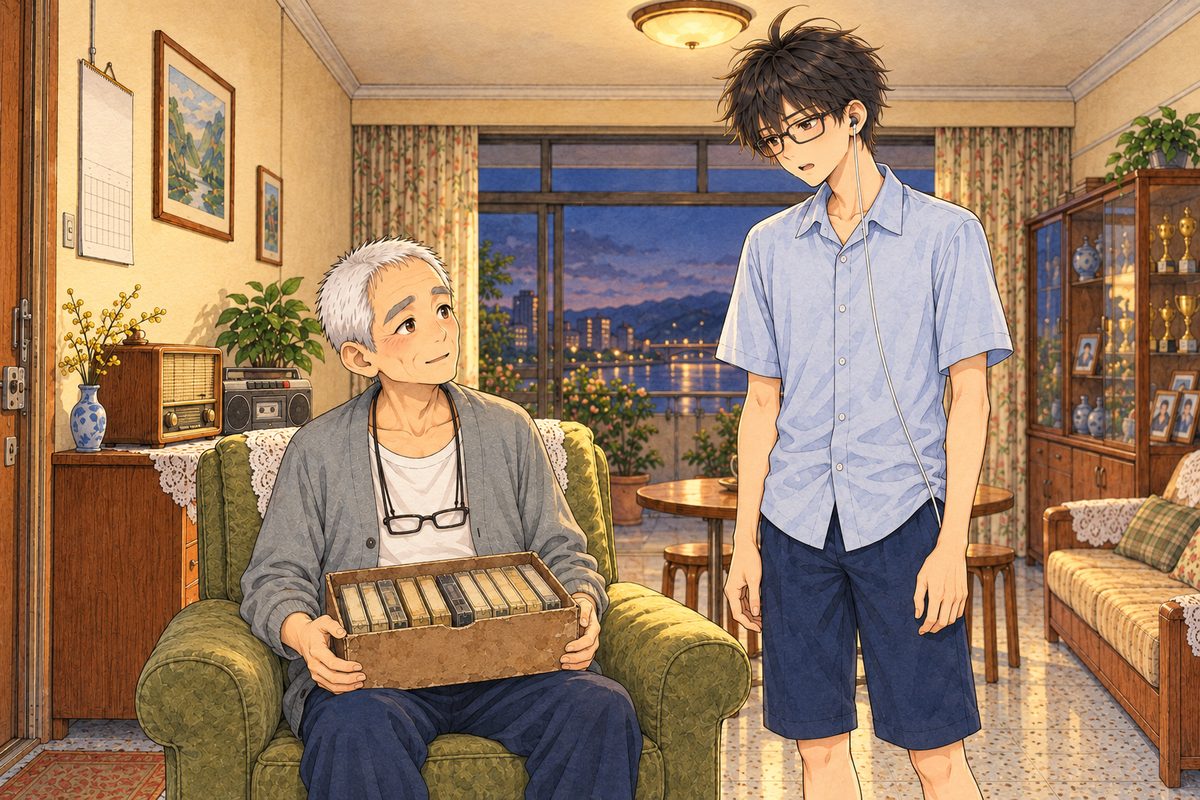 Evening lamplight. Grandpa sits on the LEFT with an old cardboard shoebox of cassettes already on his lap, held in both hands, its lid off. Haoran stands beside him on the RIGHT, his hands already down at his sides, explaining, earnest. Two faces in the middle band. The ceiling above is the quiet area.