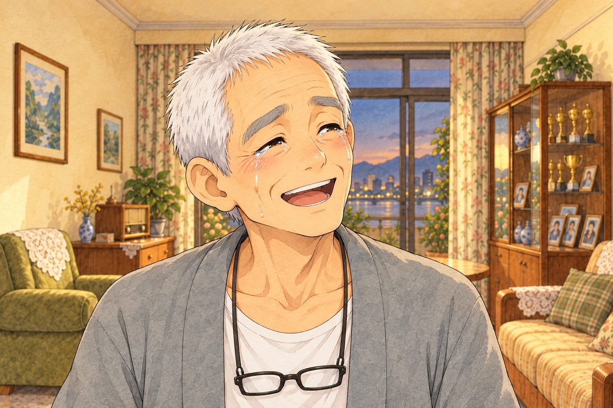 Evening lamplight. Grandpa laughs through his tears, looking RIGHT at Haoran off panel, fond. His face in the middle of the panel. His grey cardigan below is the quiet area.