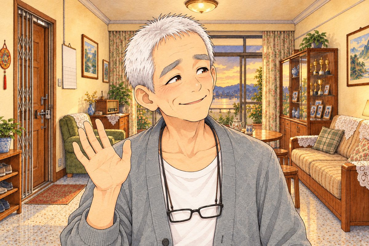 Evening lamplight. Grandpa, the same framing, lifts his RIGHT hand in a small wave, shaking his head with a smile, as if to say 