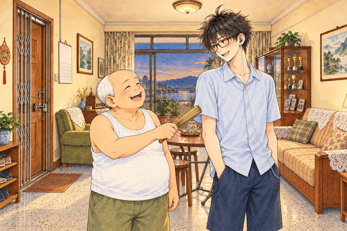 Evening lamplight. Uncle Wu on the LEFT, fan going again, grins and pokes Haoran in the arm with the closed palm-leaf fan held in his RIGHT hand. Haoran on the RIGHT laughs, a little embarrassed, looking LEFT at him, so we see his LEFT ear with the one white earbud in it. Two faces in the middle band. The ceiling above is the quiet area.