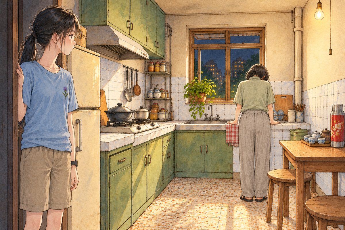 Night, half past seven, the bare kitchen bulb on. Mama stands at the sink on the RIGHT with her back to us, both hands on the sink edge, her shoulders hunched. Xiaoyu stands in the doorway on the LEFT, one hand on the door frame, looking at her. One face, Xiaoyu's, in the middle band. The wall above is the quiet area.