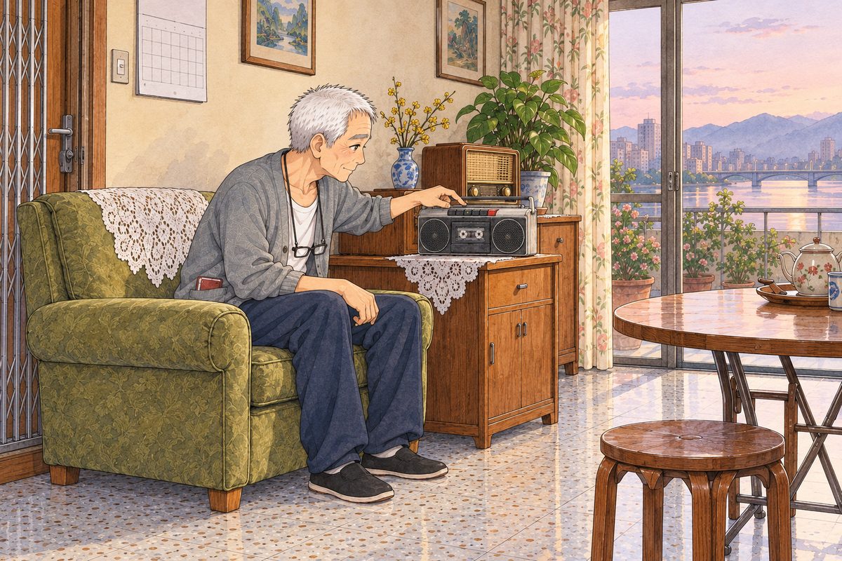 Wednesday morning, six o'clock, the pale grey-pink dawn through the balcony glass, no lamp. Grandpa sits in the olive armchair in his grey cardigan, leaning towards the wooden side table, his RIGHT forefinger on the tape player's REWIND key. His face in three-quarter turned to the RIGHT. The pale wall above is the quiet area.