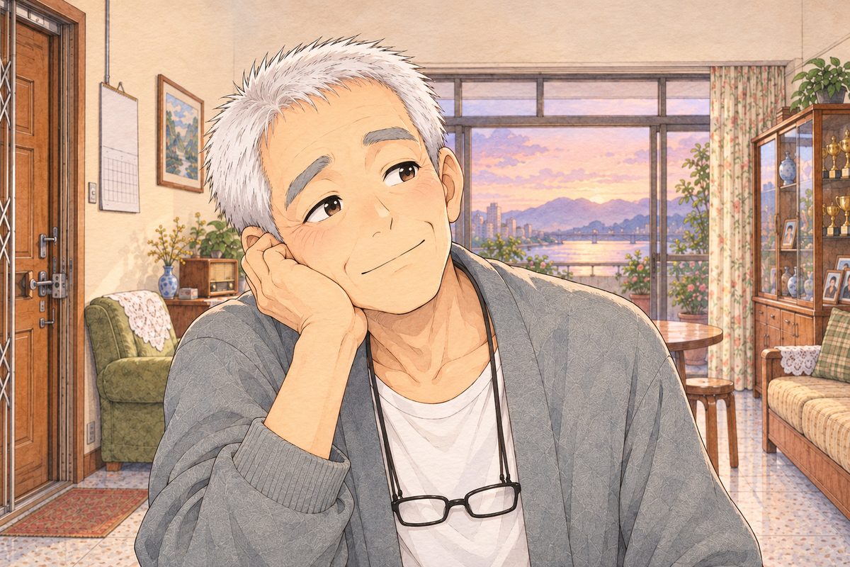 Dawn light, grey-pink. Grandpa leans his cheek towards the tape player off panel, fond, his eyes soft. His face in the middle of the panel. His cardigan below is the quiet area.