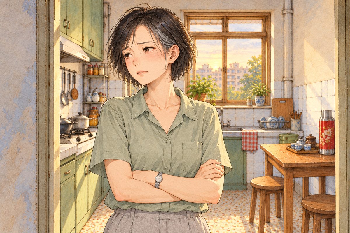 Dawn light through the small kitchen window. Mama stands in the kitchen doorway, arms folded, tired red eyes, looking LEFT out at the living room. Her face in the middle of the panel. Her blouse below is the quiet area.