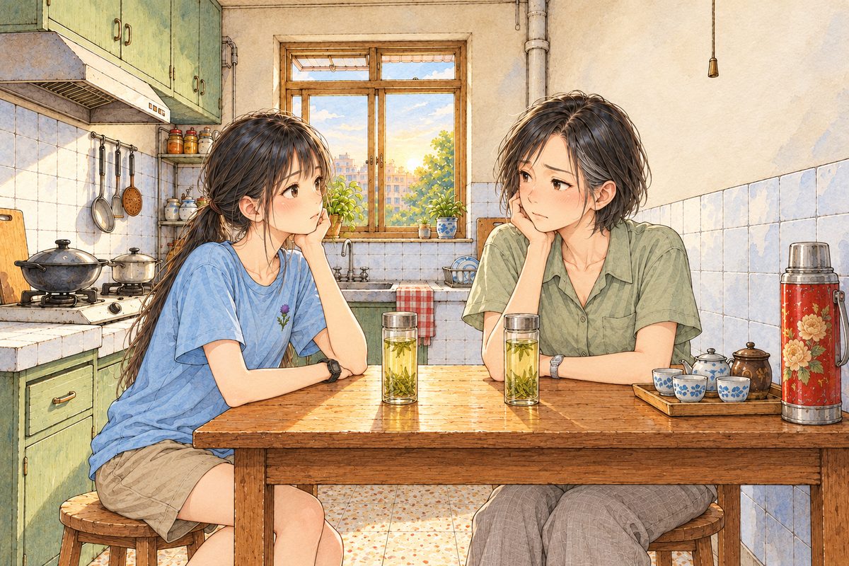 Dawn light through the small window. At the small square wooden table, Xiaoyu sits on the stool at the LEFT and Mama on the stool at the RIGHT, two tea glasses standing on the table, no hands on them. Two faces in the middle band. The wall above is the quiet area.